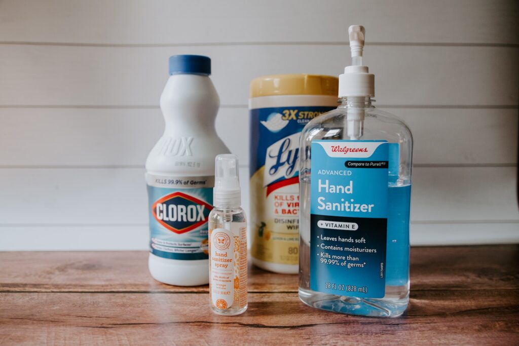 Bleach, disinfectant wipes, and hand sanitizer that can kill viruses. 